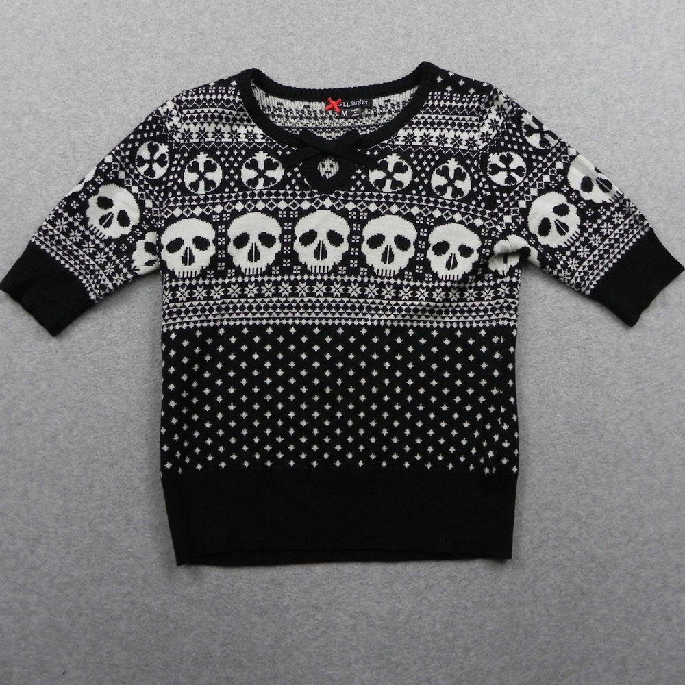 Hell Bunny Sweater Womens M Skull Cross Fair Isle Keyhole Bow Black White Goth